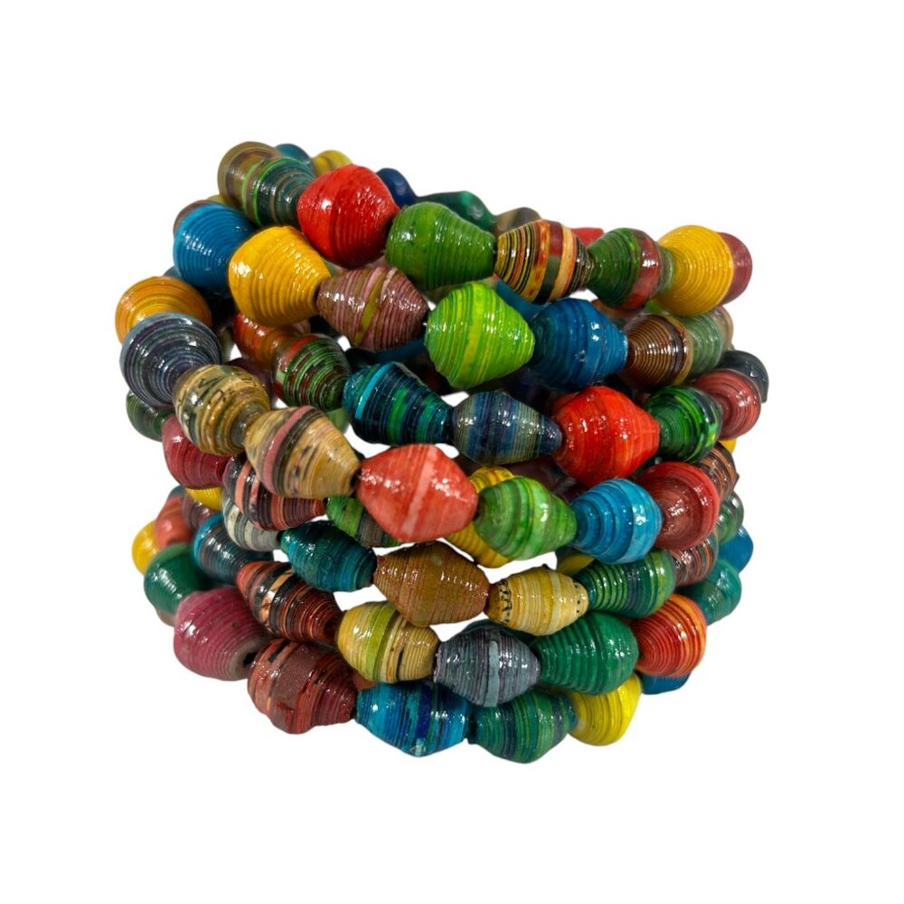 Handmade Recycled Paper Bead Coil Wrap Bracelet Rainbow Multicolor Boho